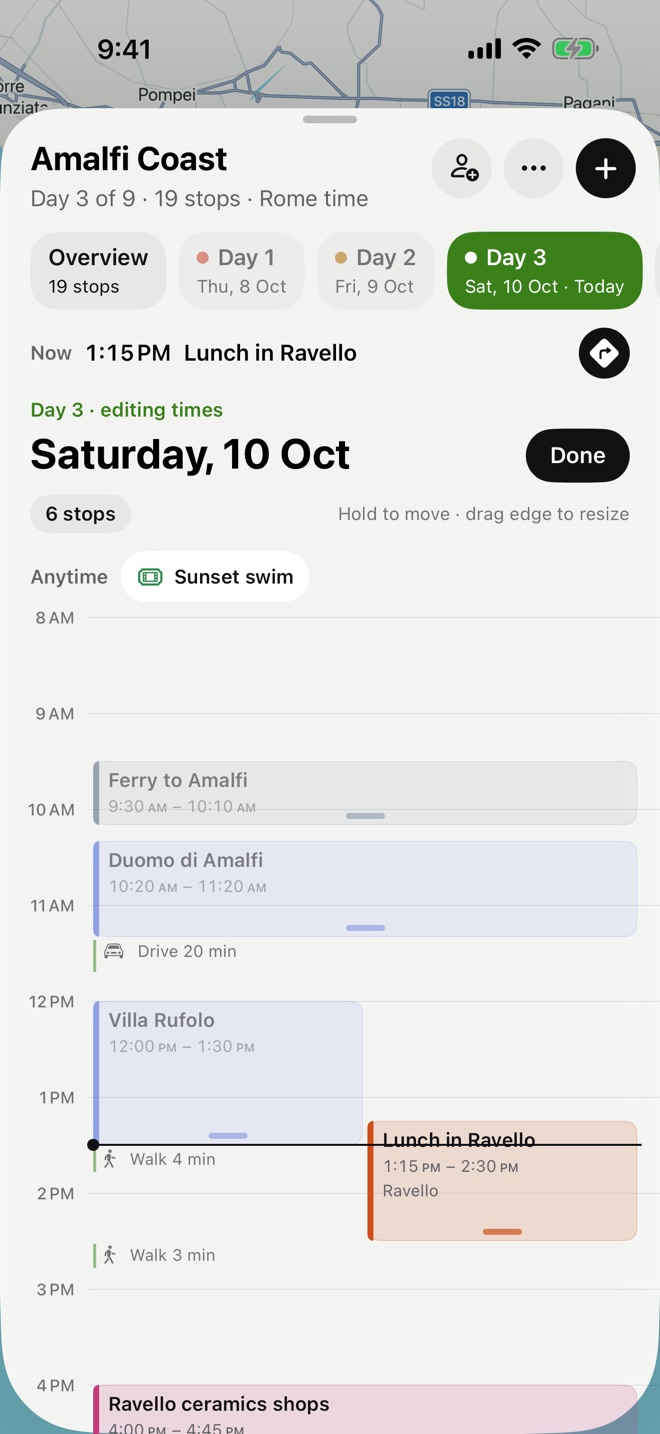 A day as a calendar, with stops as blocks sized to how long they last