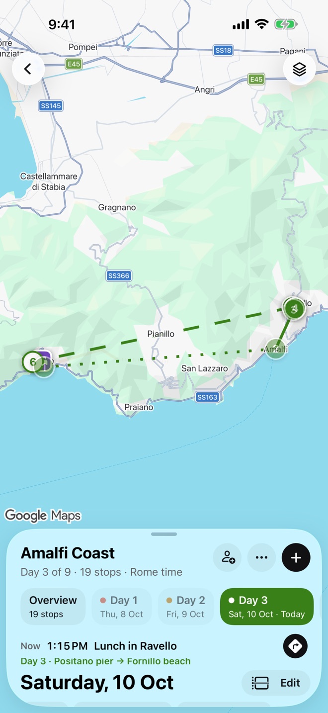 The trip map with numbered stops for each day, and the itinerary below